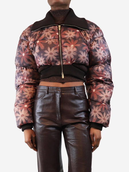 Brown cropped floral puffer jacket - size UK 8 product image