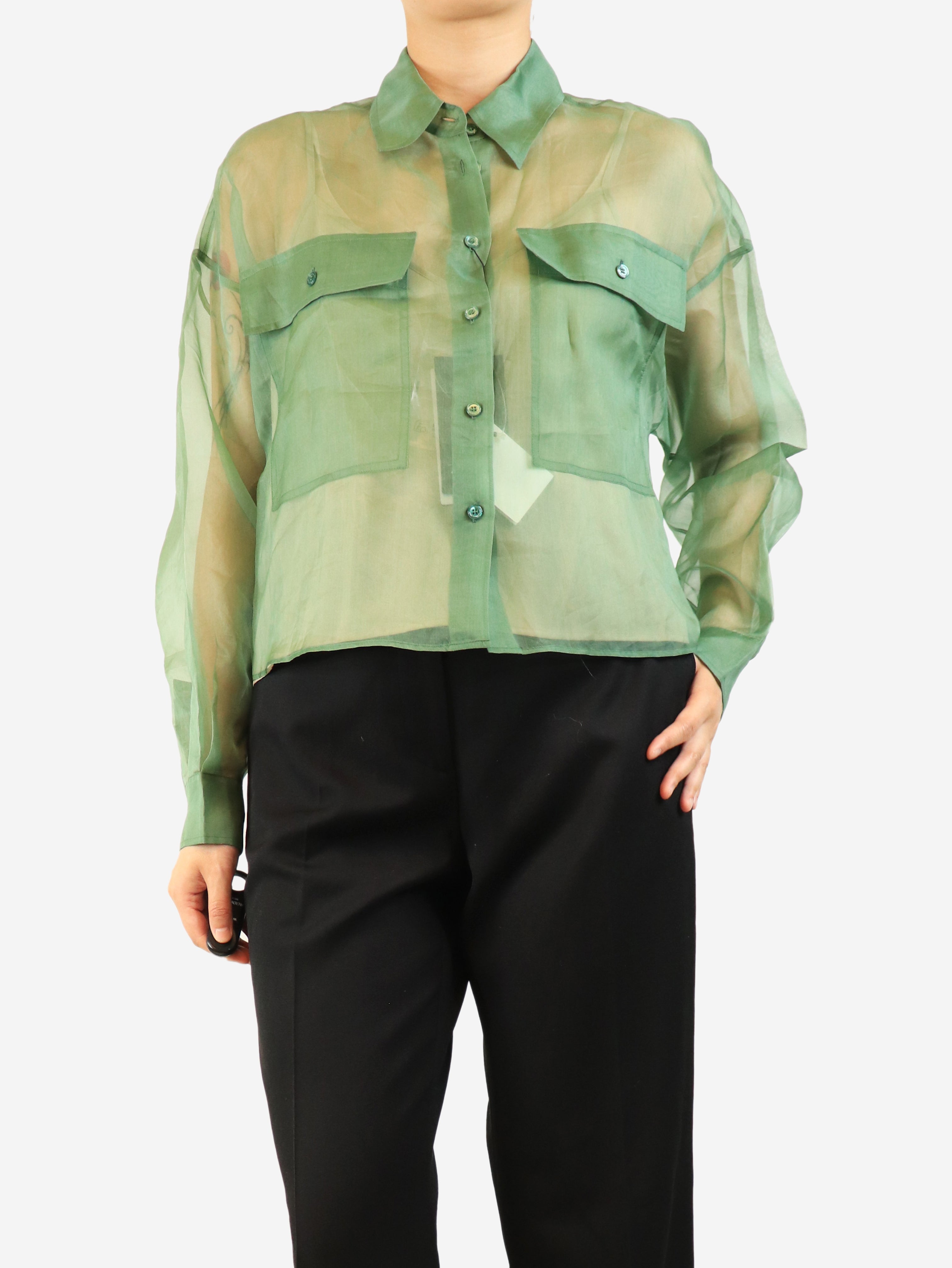 Green sheer silk shirt - size UK 10
