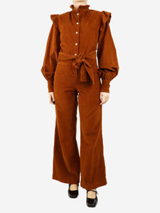 Skiim Cognac brown corduroy flared jumpsuit - size UK 10