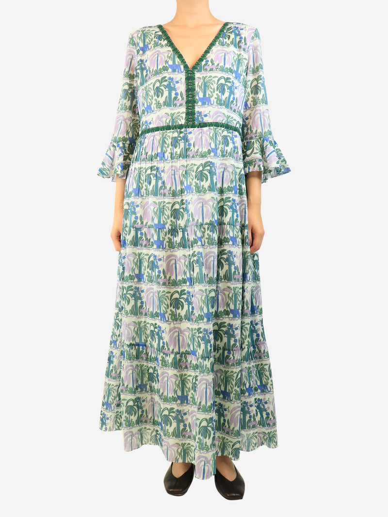 Green and purple printed cotton maxi dress - size UK 16 Dresses Emporio Sirenuse 