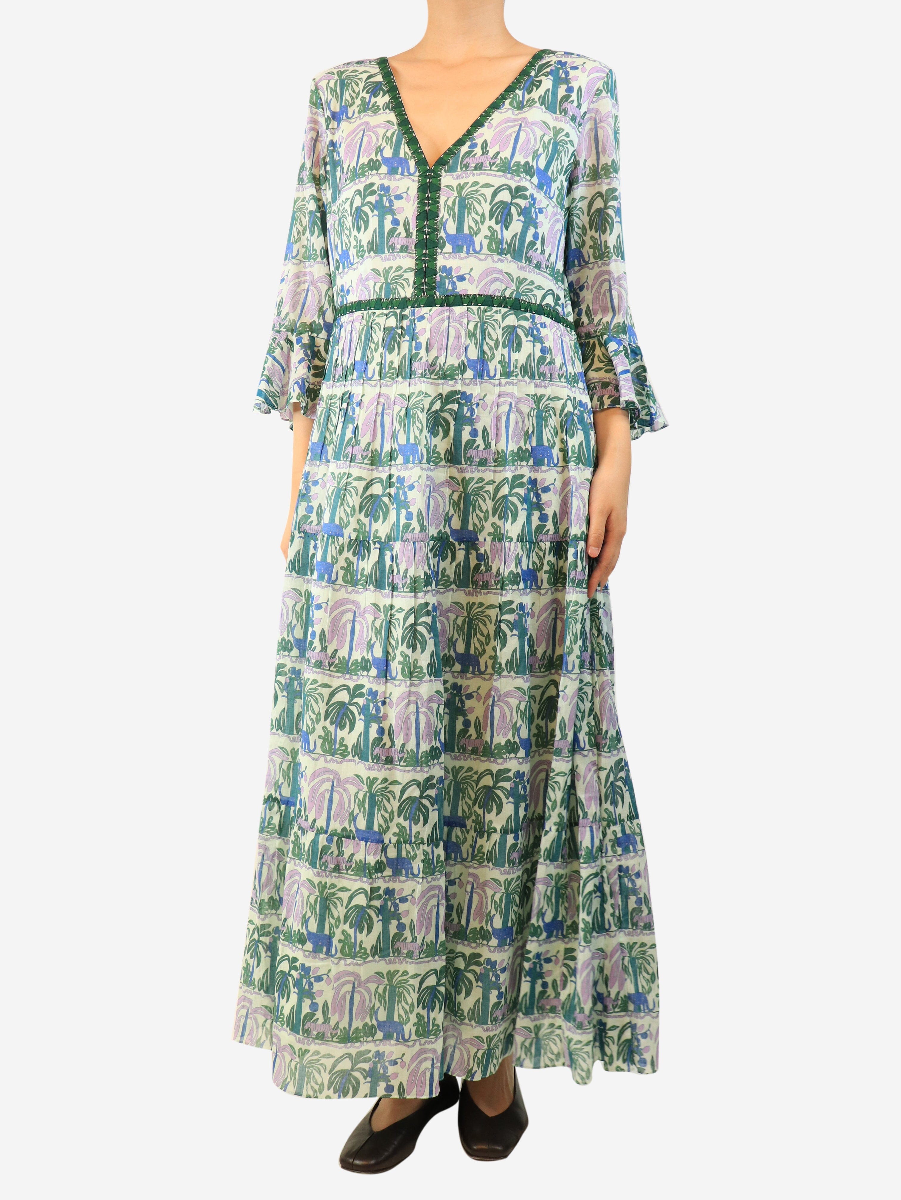 Green and purple printed cotton maxi dress