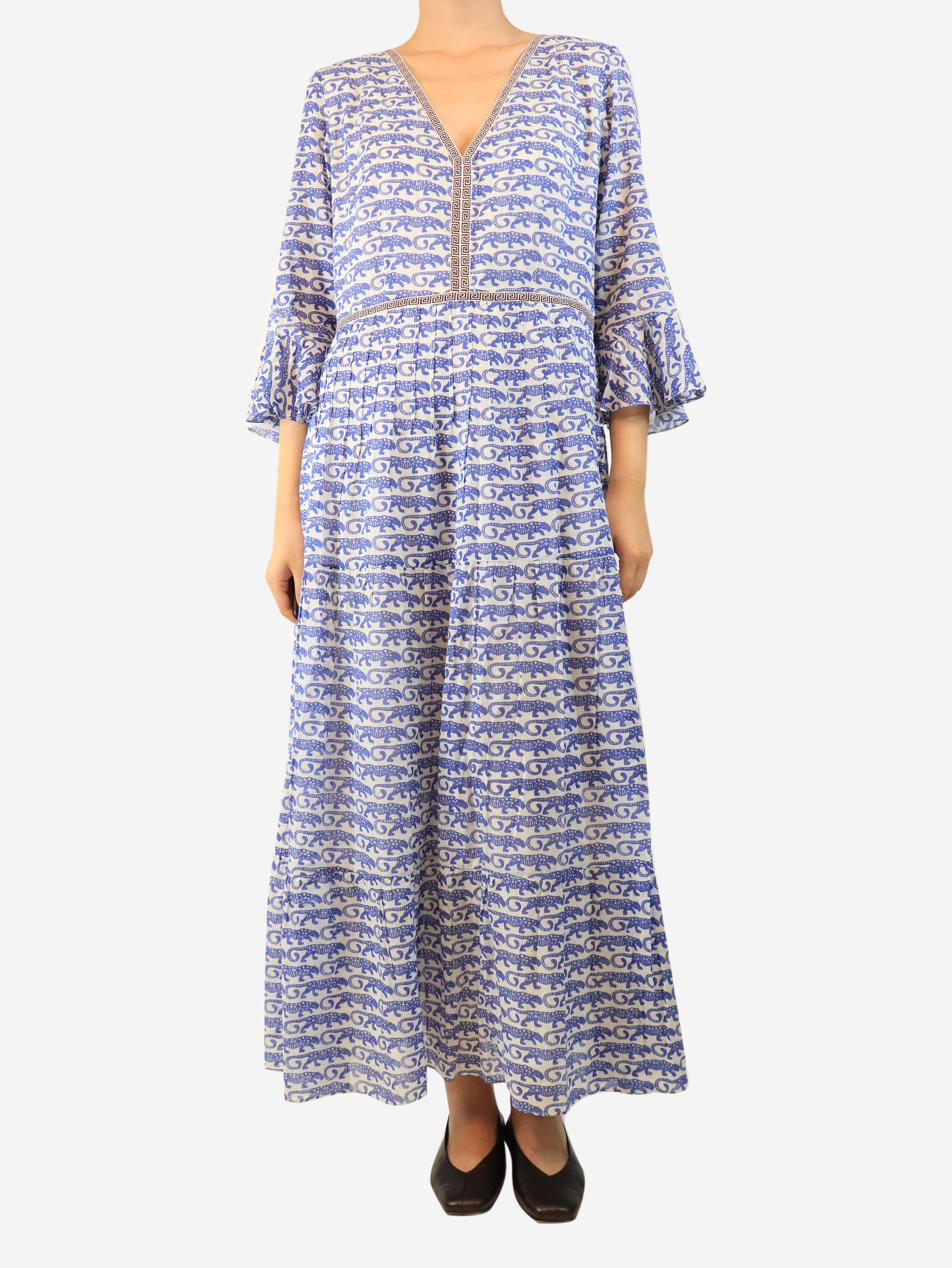 Blue tiger printed v-neck dress - size UK 16 Dresses Le Sirenuse 