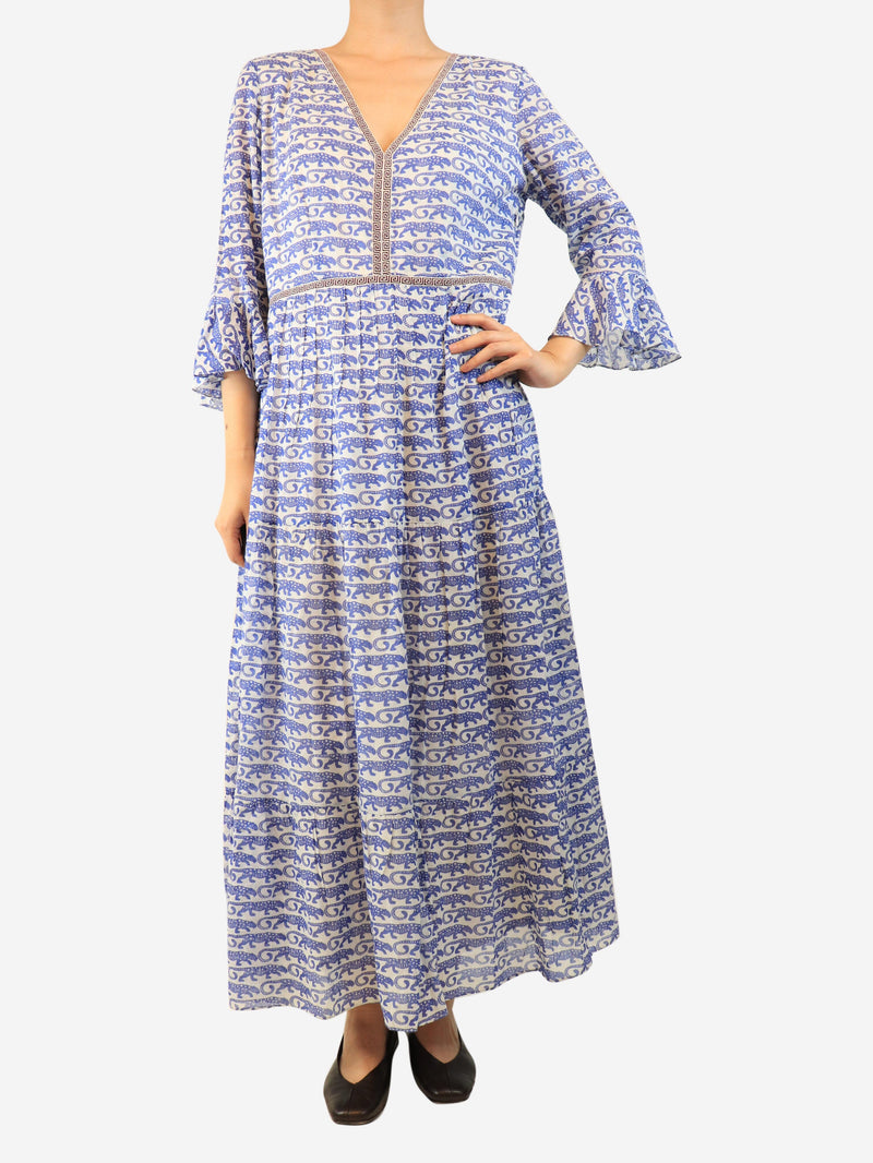 Blue tiger printed v-neck dress - size UK 16 Dresses Le Sirenuse 