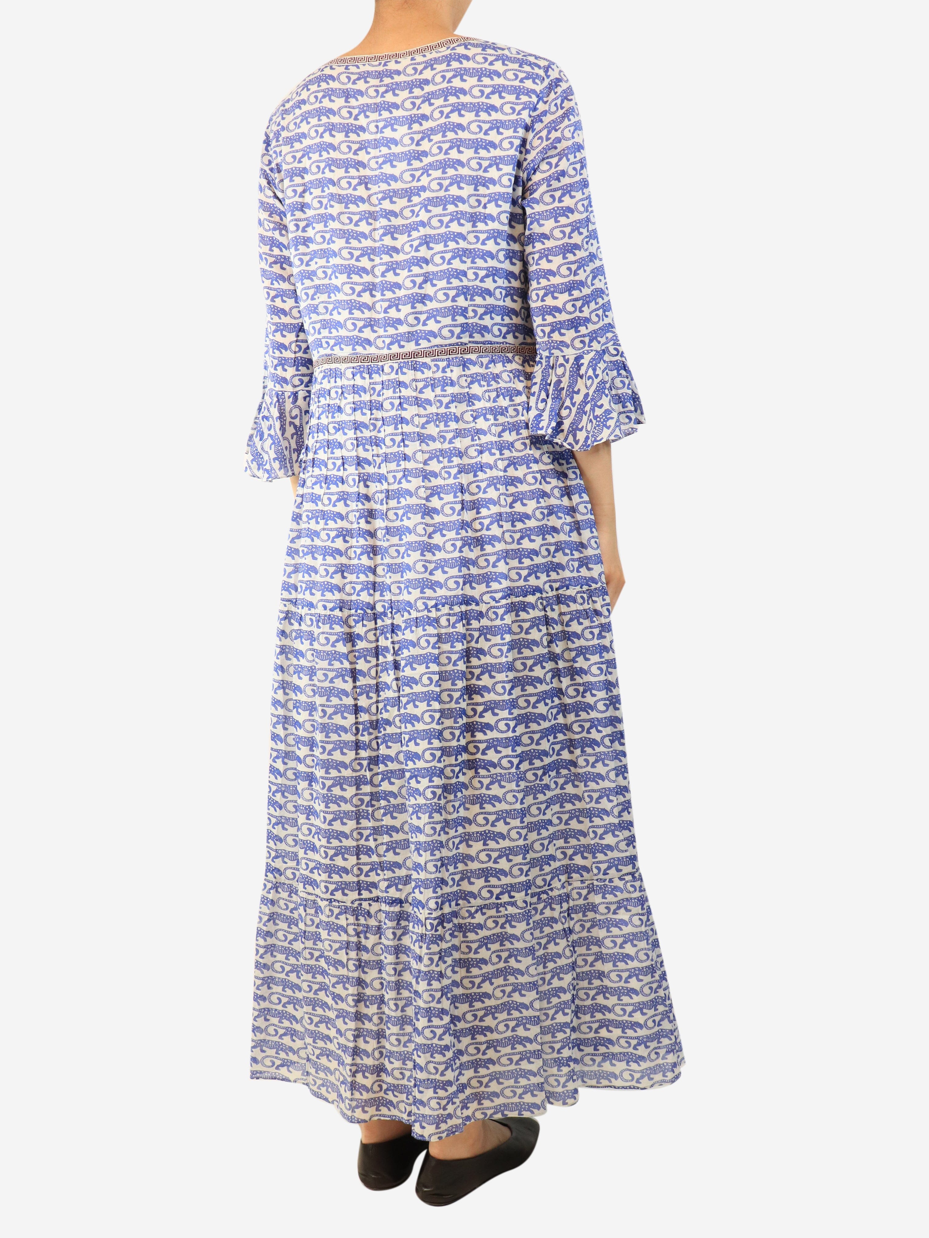 Blue tiger printed v-neck dress - size UK 16 Dresses Le Sirenuse 