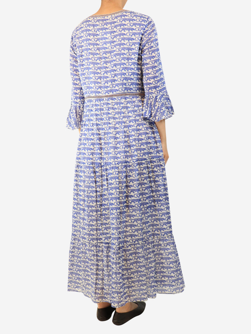 Blue tiger printed v-neck dress - size UK 16 Dresses Le Sirenuse 