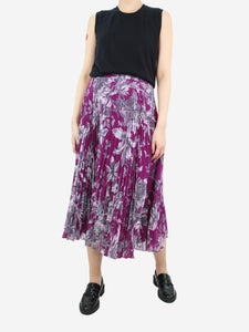 Erdem Purple floral printed midi skirt with pleats - size UK 10