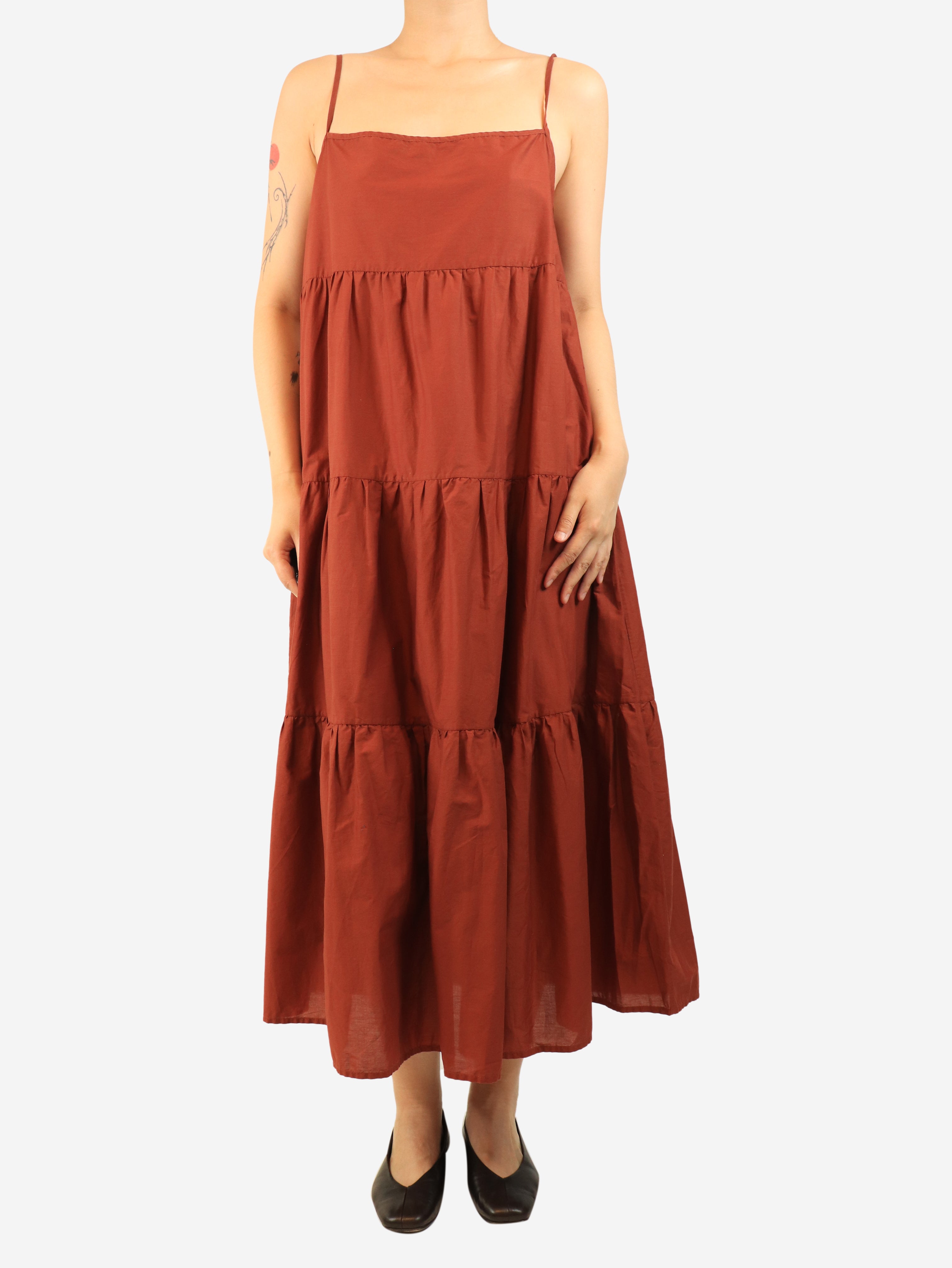 Rust brown spaghetti strap tiered midi dress - size UK 12