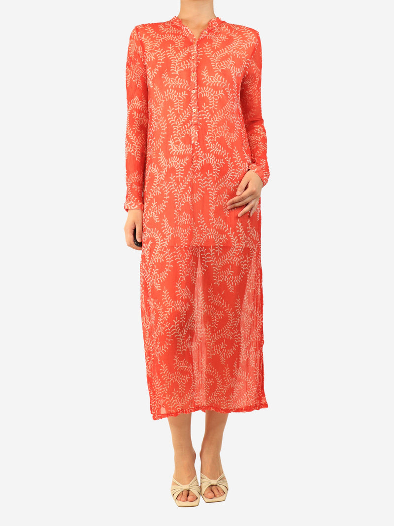 Red silk sheer printed dress - size OS