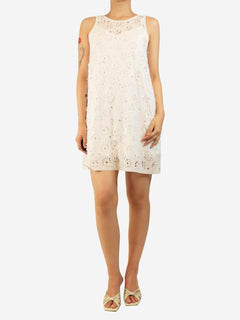 White sleeveless floral cutout mini dress - size UK 8
