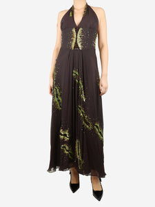 Max Mara Brown halter neck silk maxi dress - size UK 12