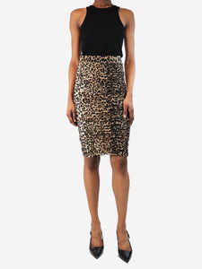 Ganni Brown leopard print ruched midi skirt - size UK 8