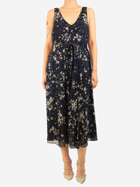 Navy floral vintage silk dress - size UK 12 product image