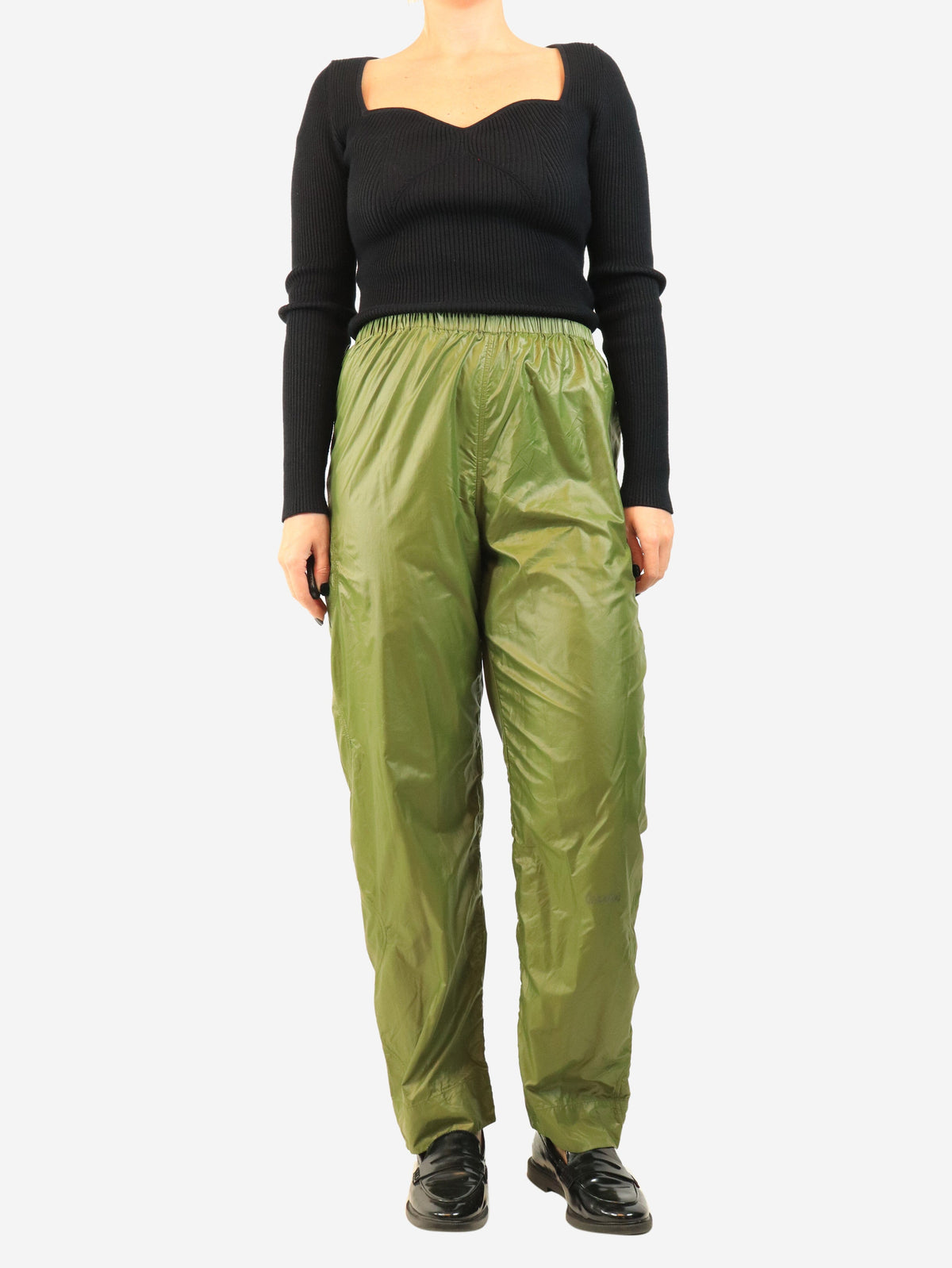 Green elasticated nylon trousers - size UK 10 Trousers Ganni 