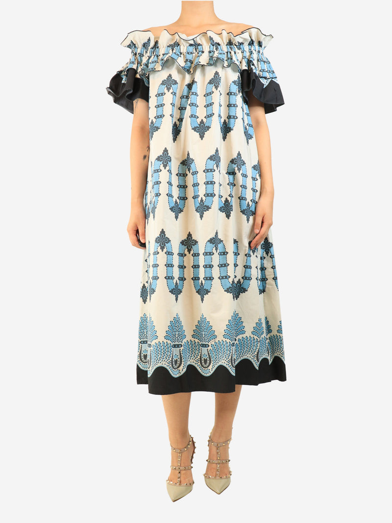 Blue printed off the shoulder midi dress - size XL