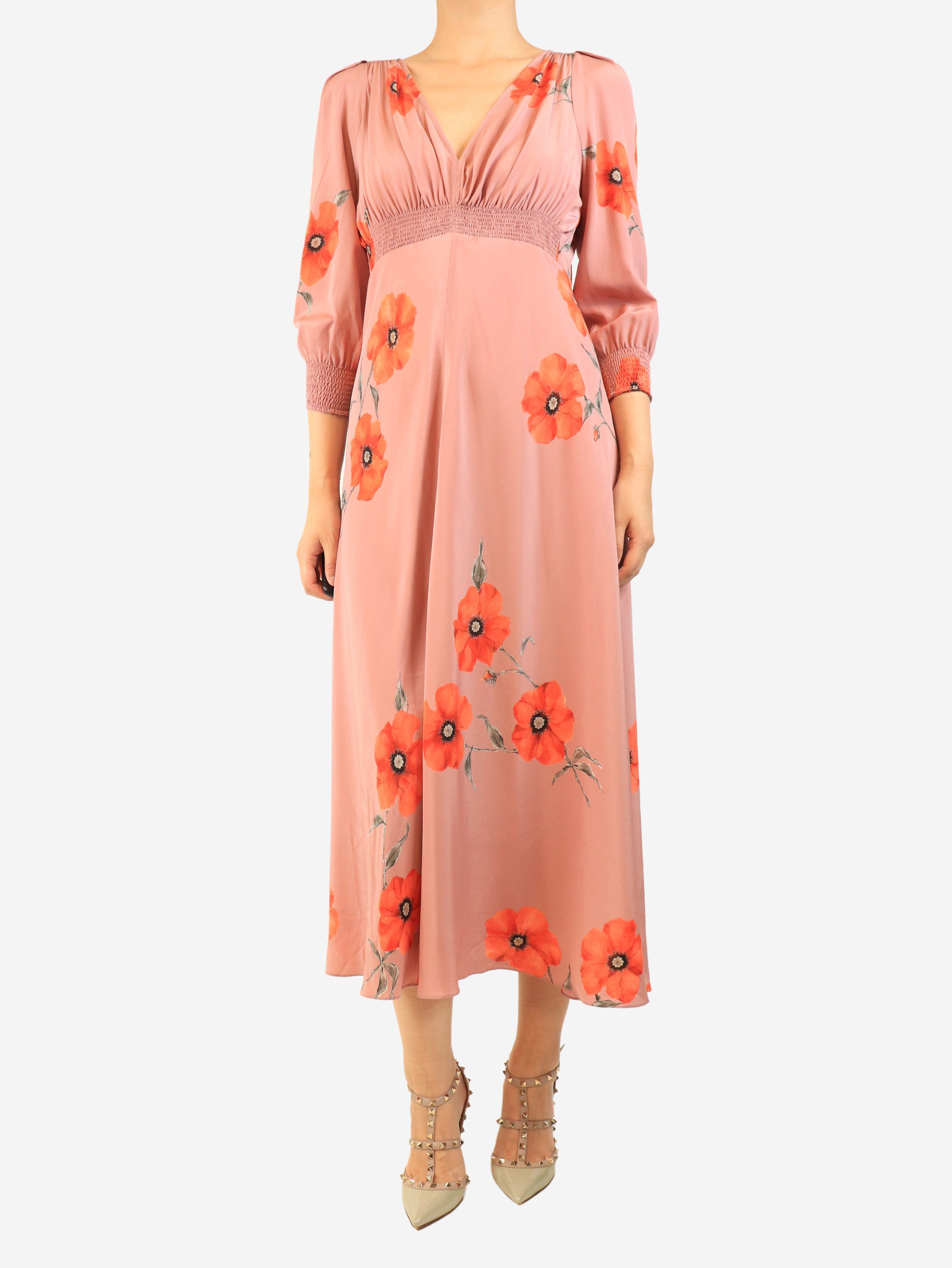 Pink poppy printed silk dress - size UK 14 Dresses Suzannah 