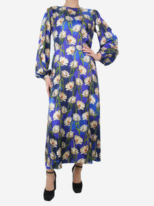 Borgo De Nor Blue silk floral printed midi dress - size UK 12