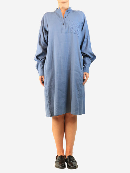 Blue long-sleeved anagram linen dress - size product image