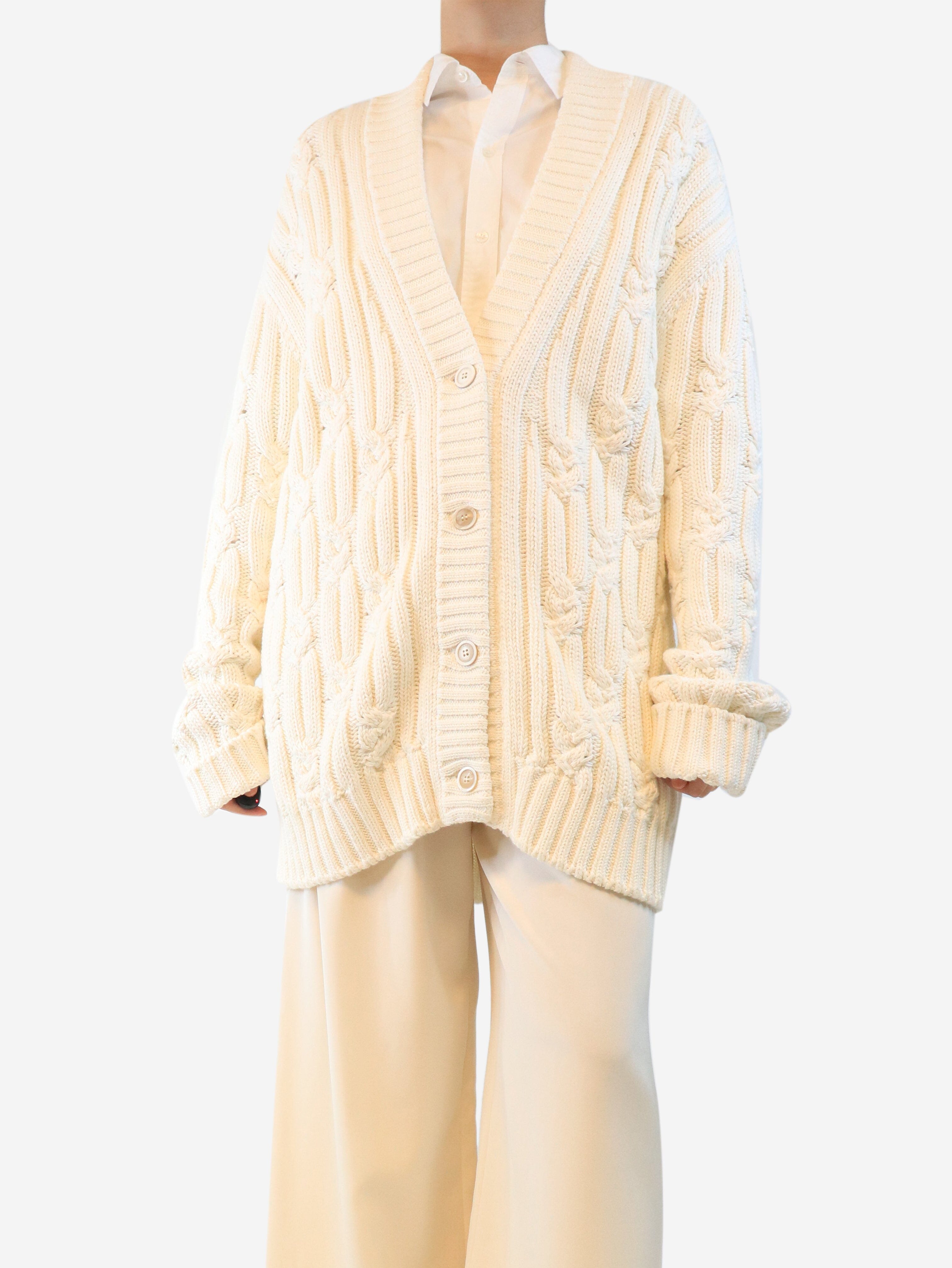 Cream longline cable-knit cardigan - size L Knitwear Purdey 