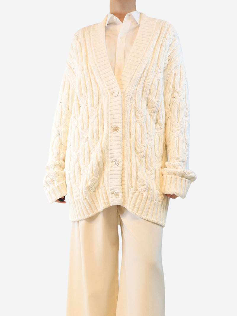 Cream longline cable-knit cardigan - size L Knitwear Purdey 