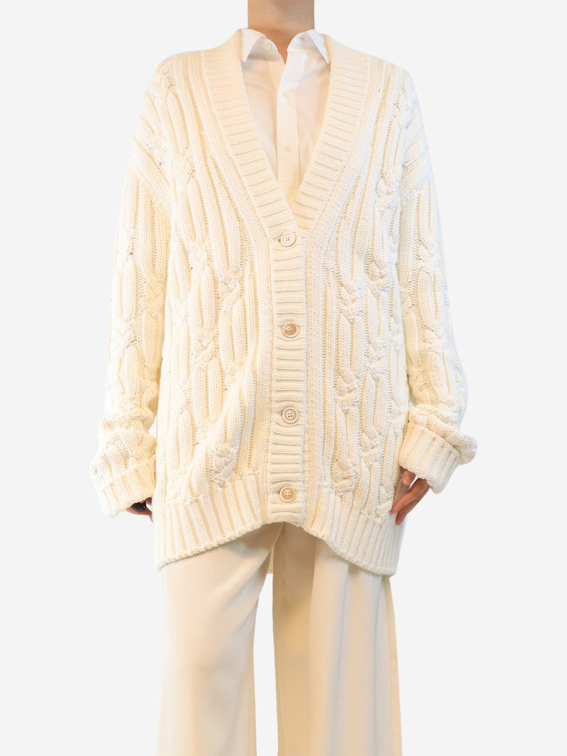 Cream longline cable-knit cardigan - size L Knitwear Purdey 