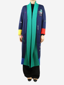 Mira Mikati Navy blue patchwork embroidered long cardigan - size UK 8