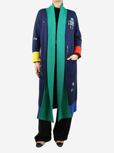 Mira Mikati Navy blue patchwork embroidered long cardigan - size UK 8