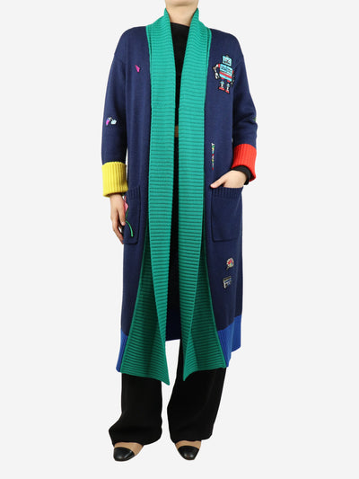 Navy blue patchwork embroidered long cardigan - size UK 8 Knitwear Mira Mikati 