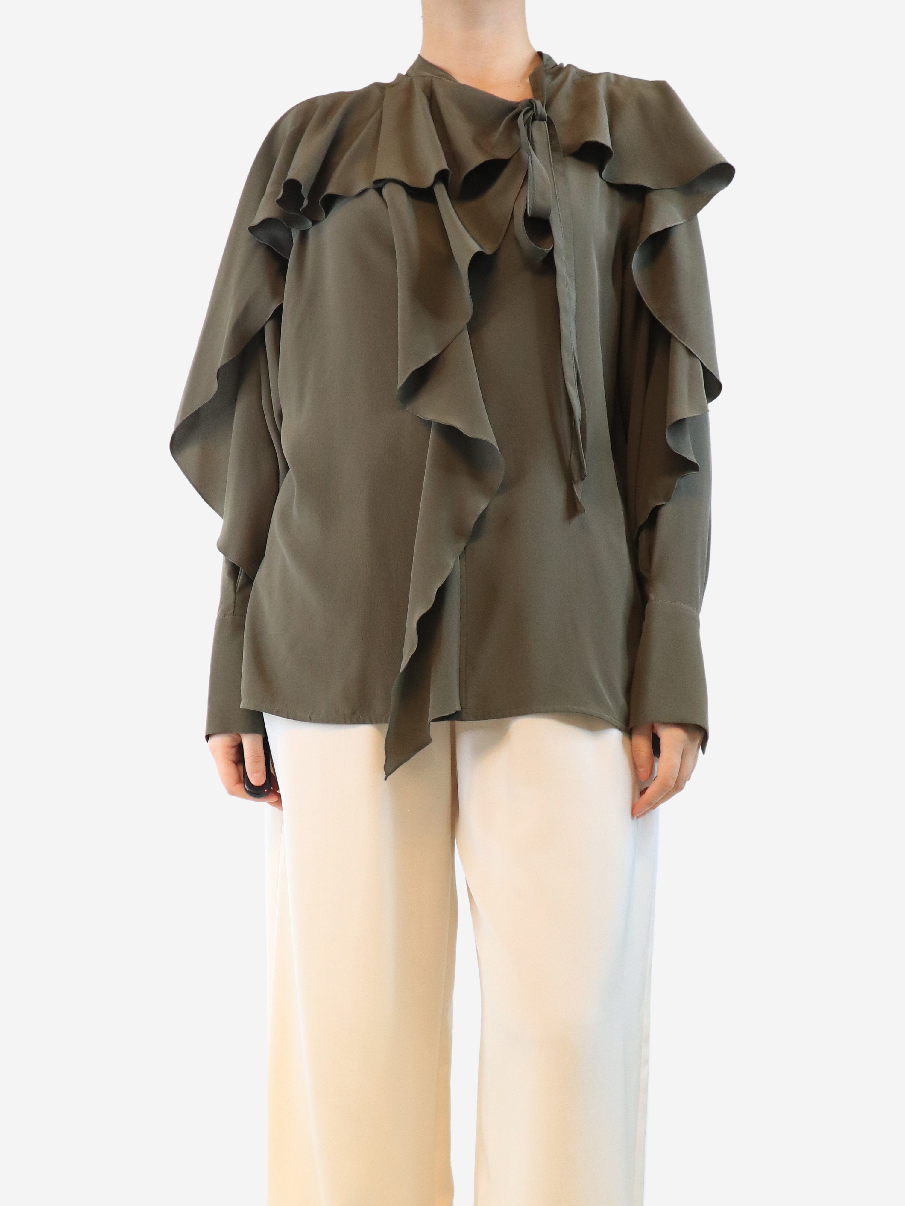 Khaki silk frill blouse - size UK 10 Tops Victoria Beckham 