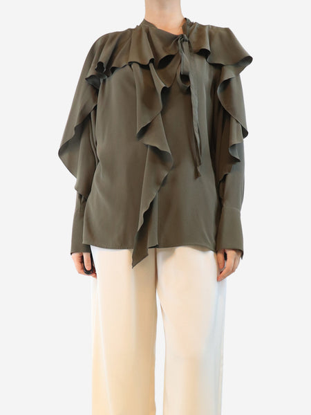 Khaki silk frill blouse - size UK 10 product image