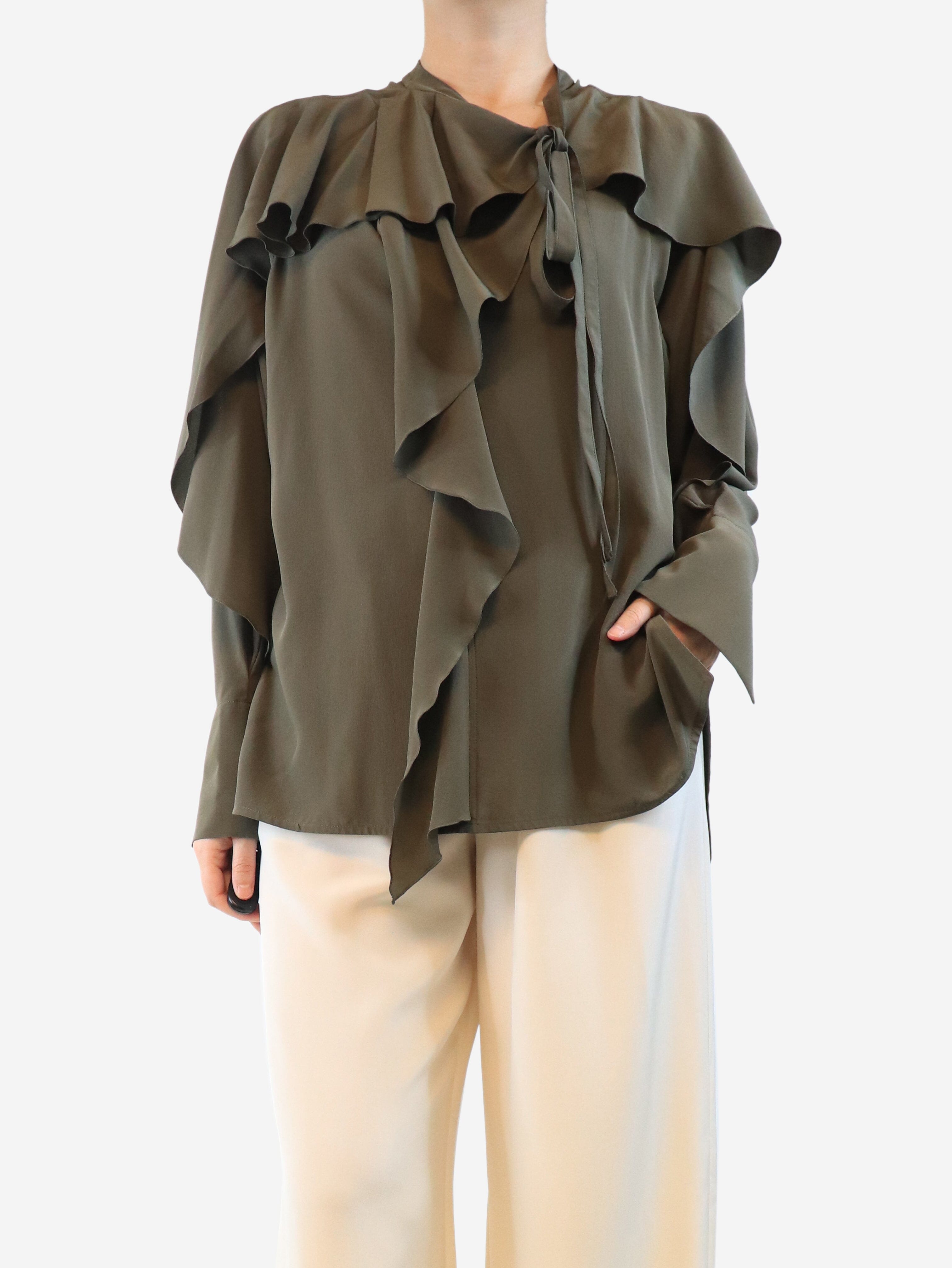 Khaki silk frill blouse - size UK 10 Tops Victoria Beckham 