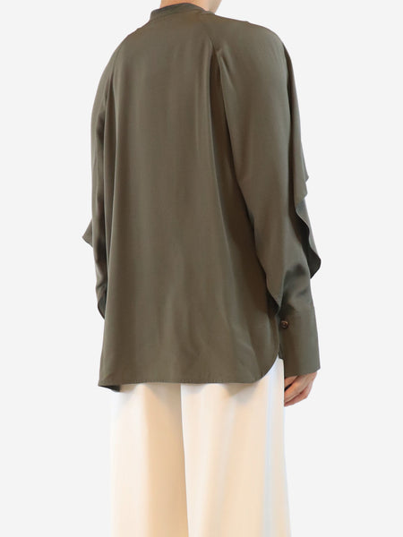 Khaki silk frill blouse - size UK 10 alternate image