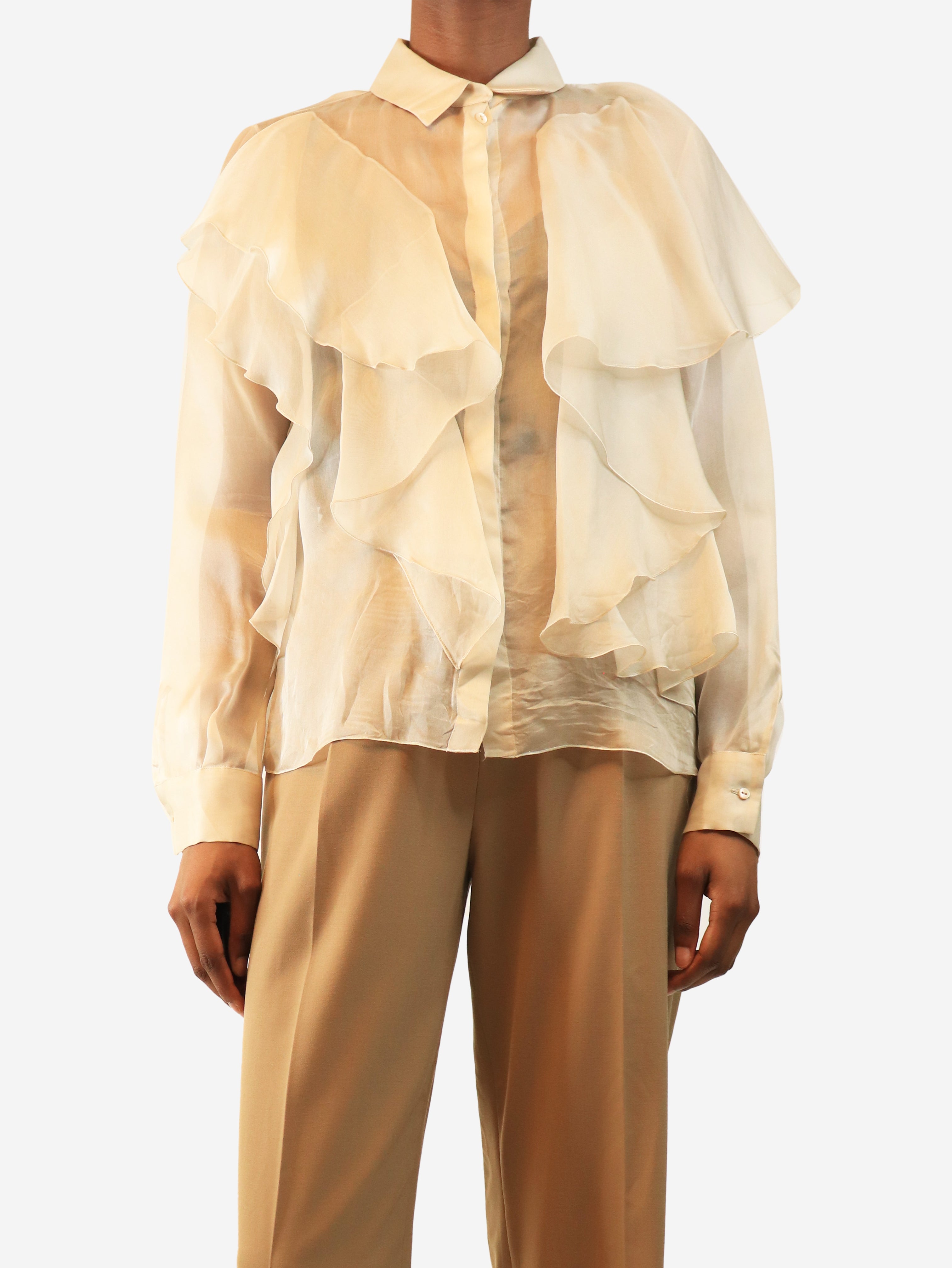 Light grey sheer silk ruffle blouse - size XS