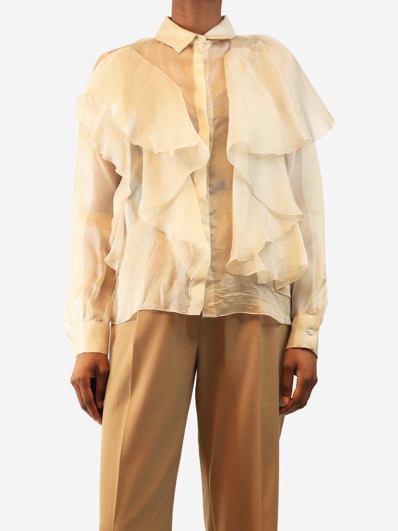 Light grey sheer silk ruffle blouse - size XS