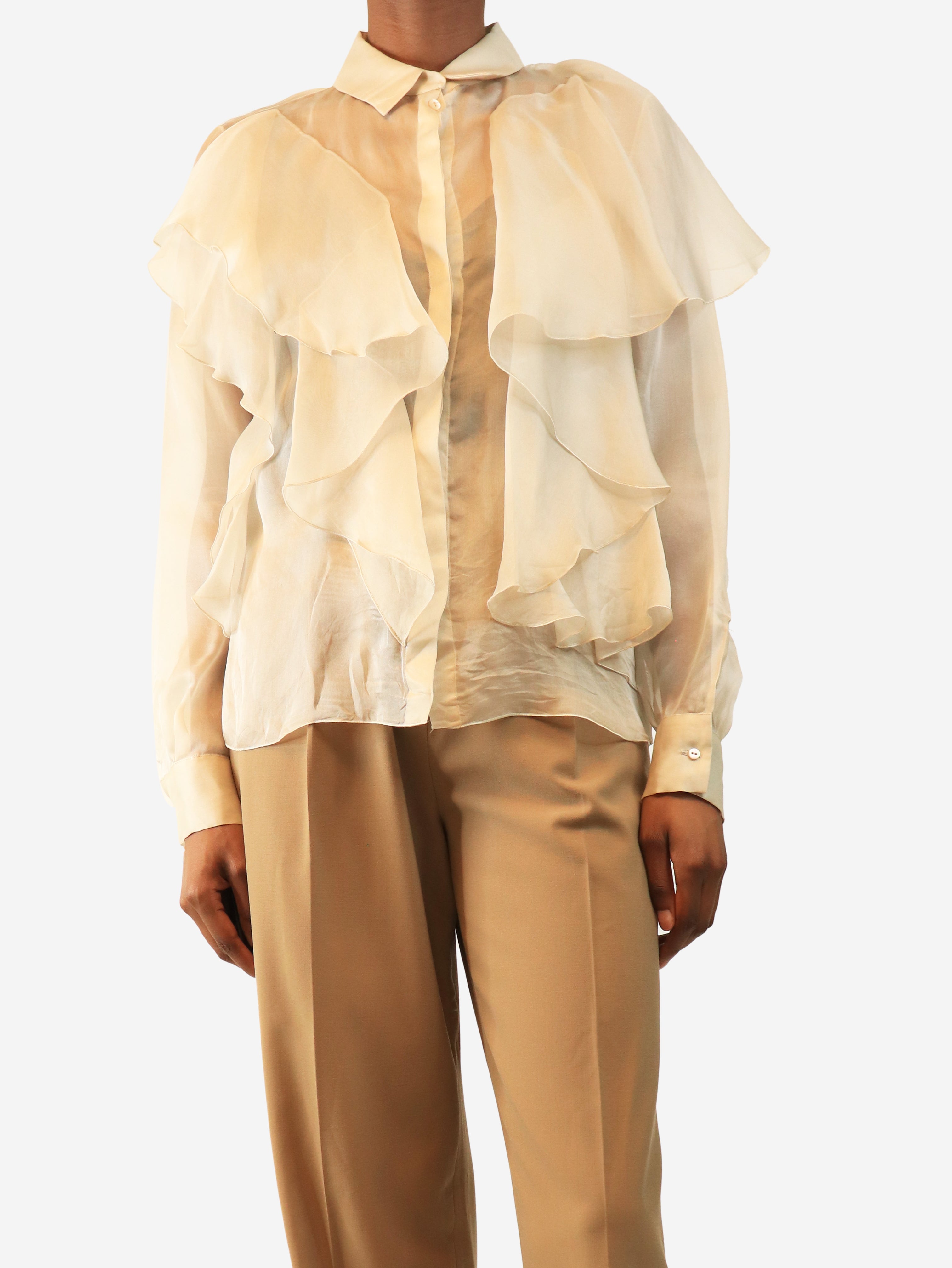 Light grey sheer silk ruffle blouse - size XS