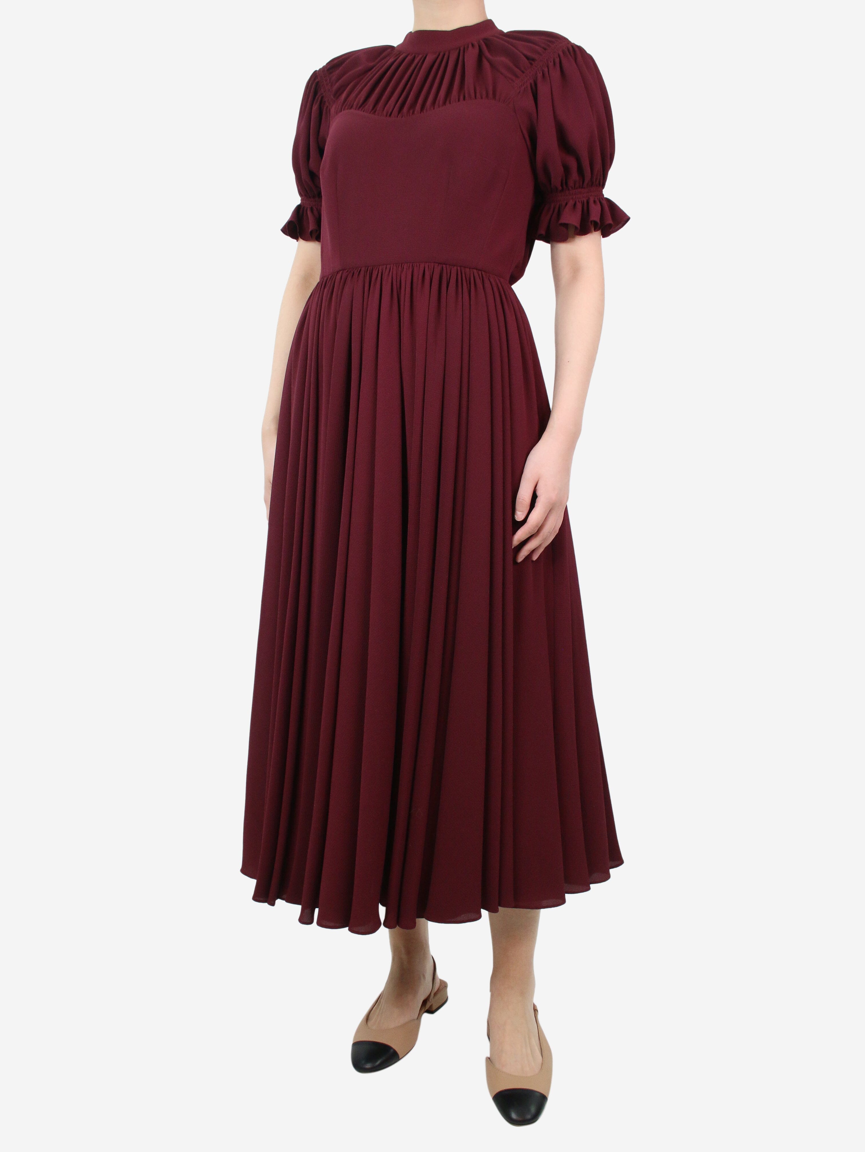 Burgundy short-sleeved gathered midi dress - size UK 10 Dresses Emilia Wickstead 