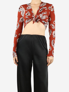 Paco Rabanne Red long-sleeved paisley crop-top - size UK 12