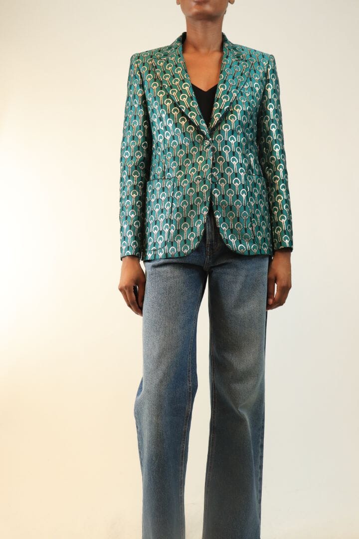 Green jacquard patterned blazer - size UK 6