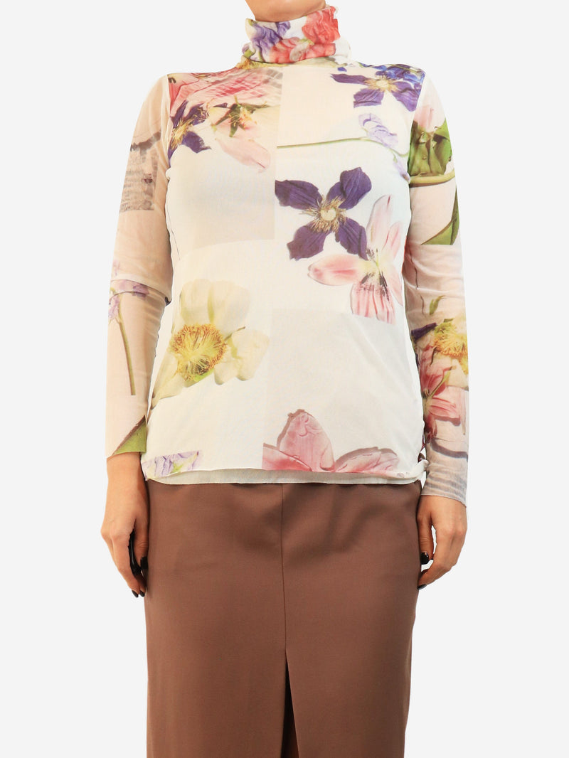 Multi floral printed mesh turtleneck top - size UK 12 Tops Ganni 
