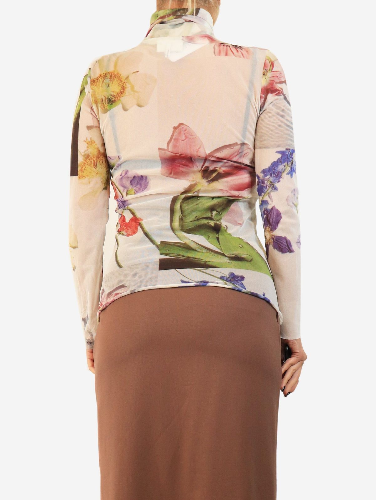 Multi floral printed mesh turtleneck top - size UK 12 Tops Ganni 