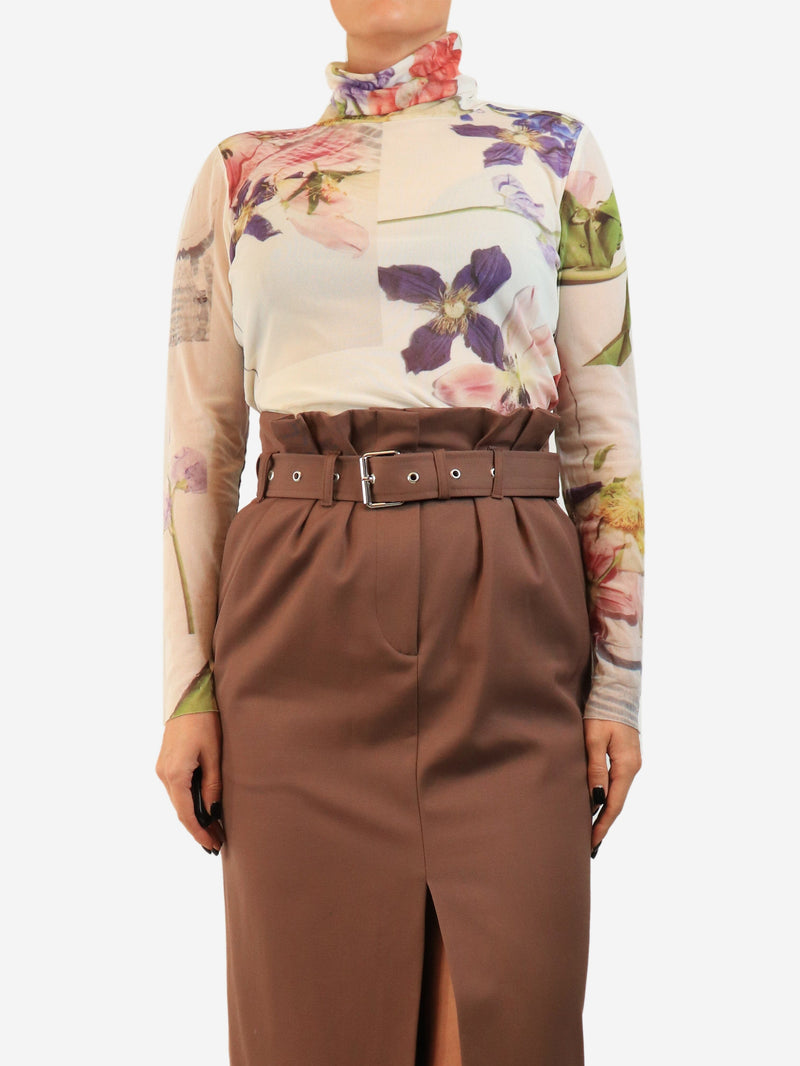 Multi floral printed mesh turtleneck top - size UK 12 Tops Ganni 