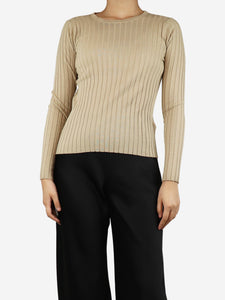 Allude Beige ribbed knit long-sleeved top - size UK 10