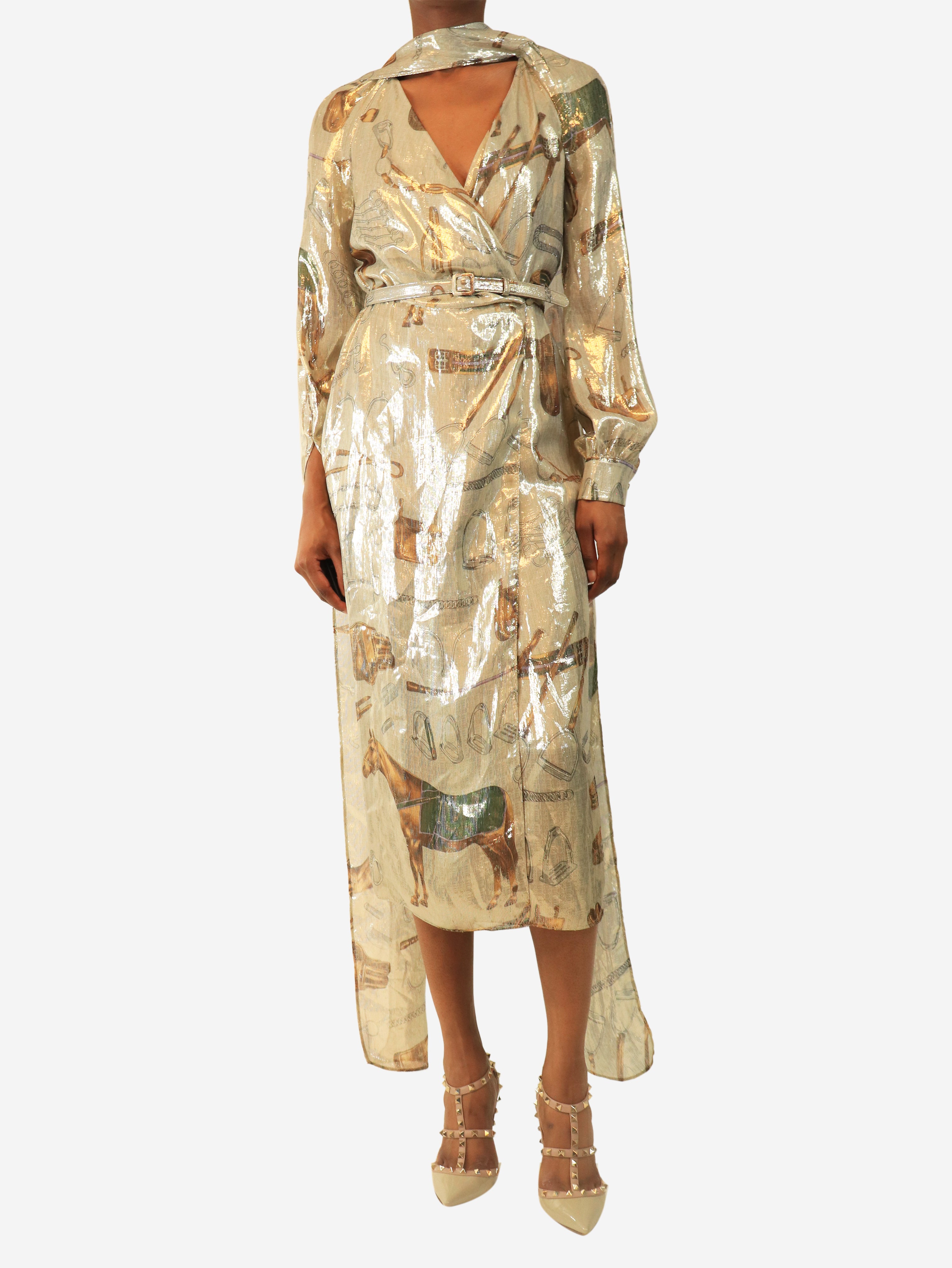 Gold lurex midi wrap dress - size UK 6