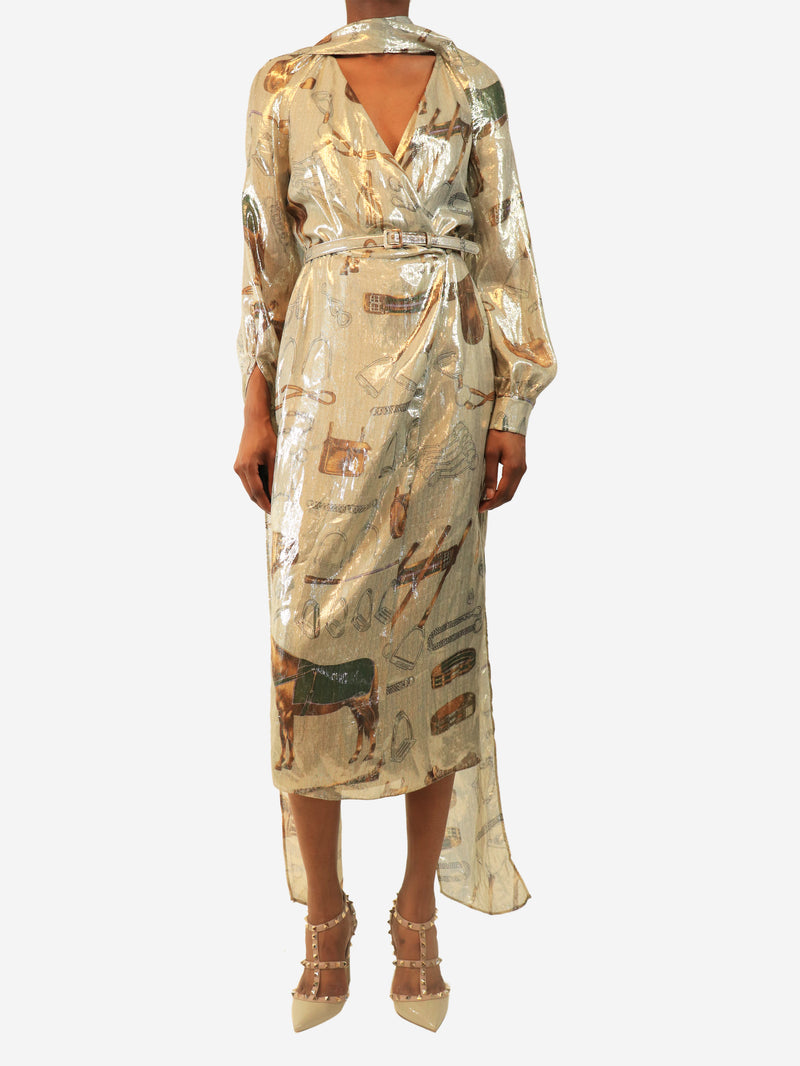 Gold lurex midi wrap dress - size UK 6
