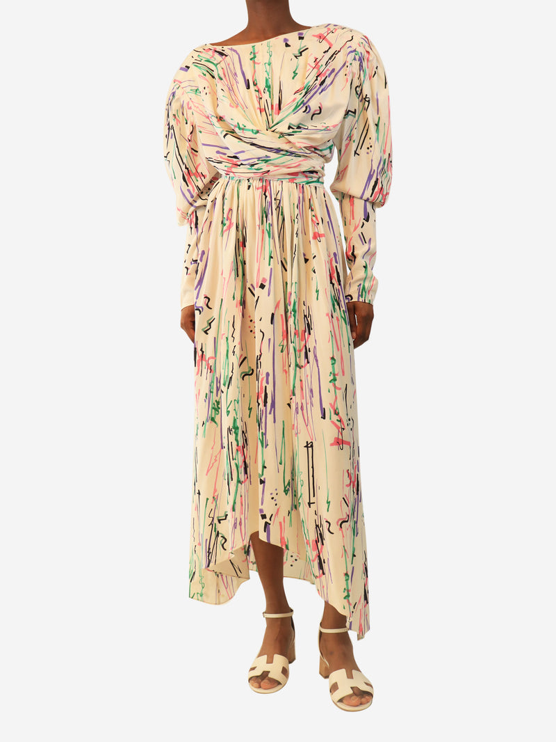 Cream scribble-print midi dress - size UK 6