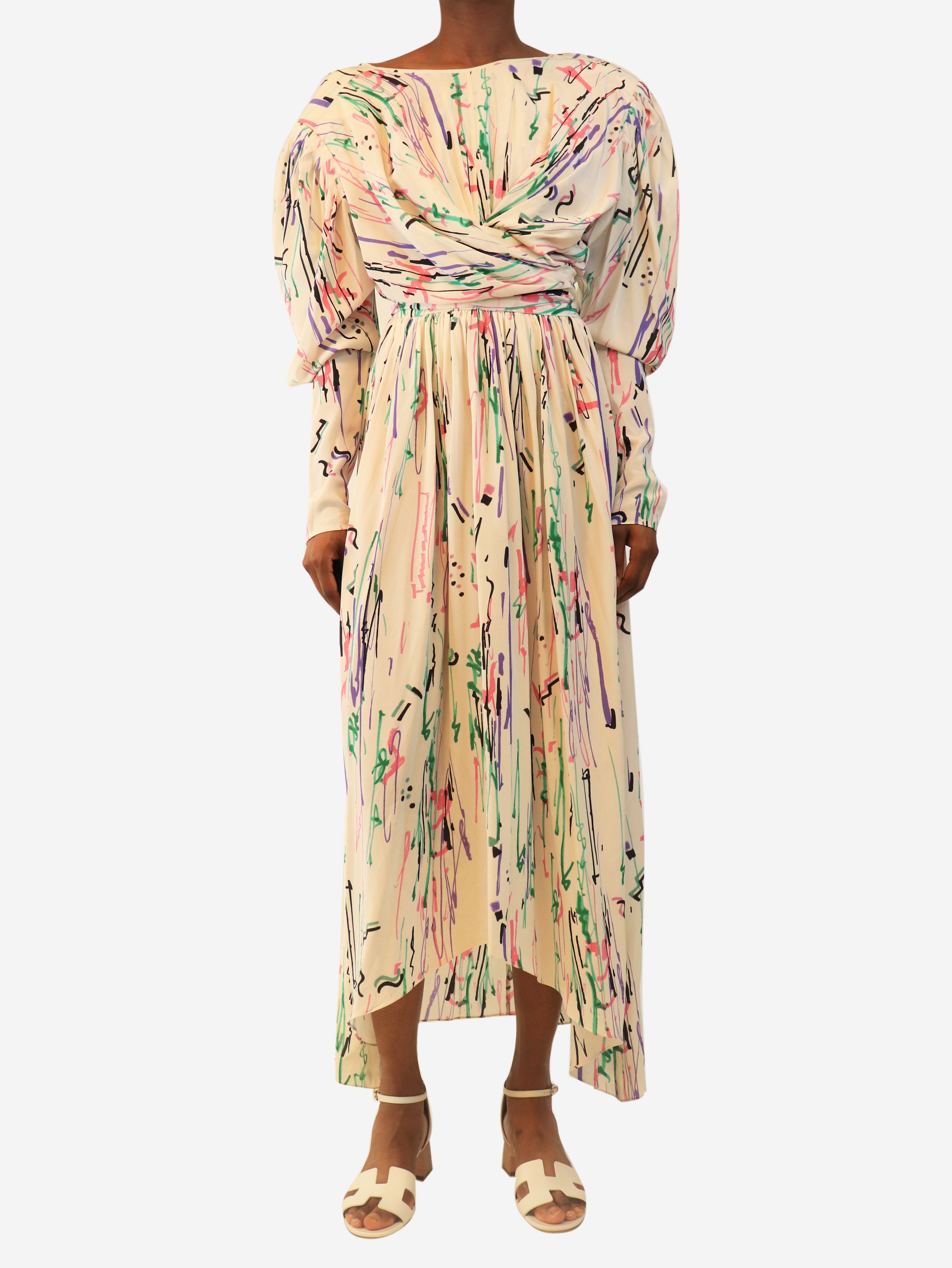 Cream scribble-print midi dress - size UK 6