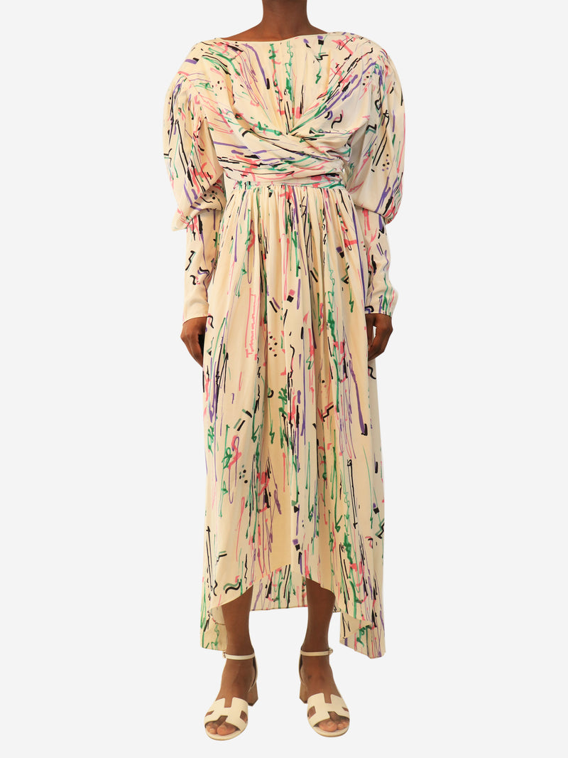 Cream scribble-print midi dress - size UK 6