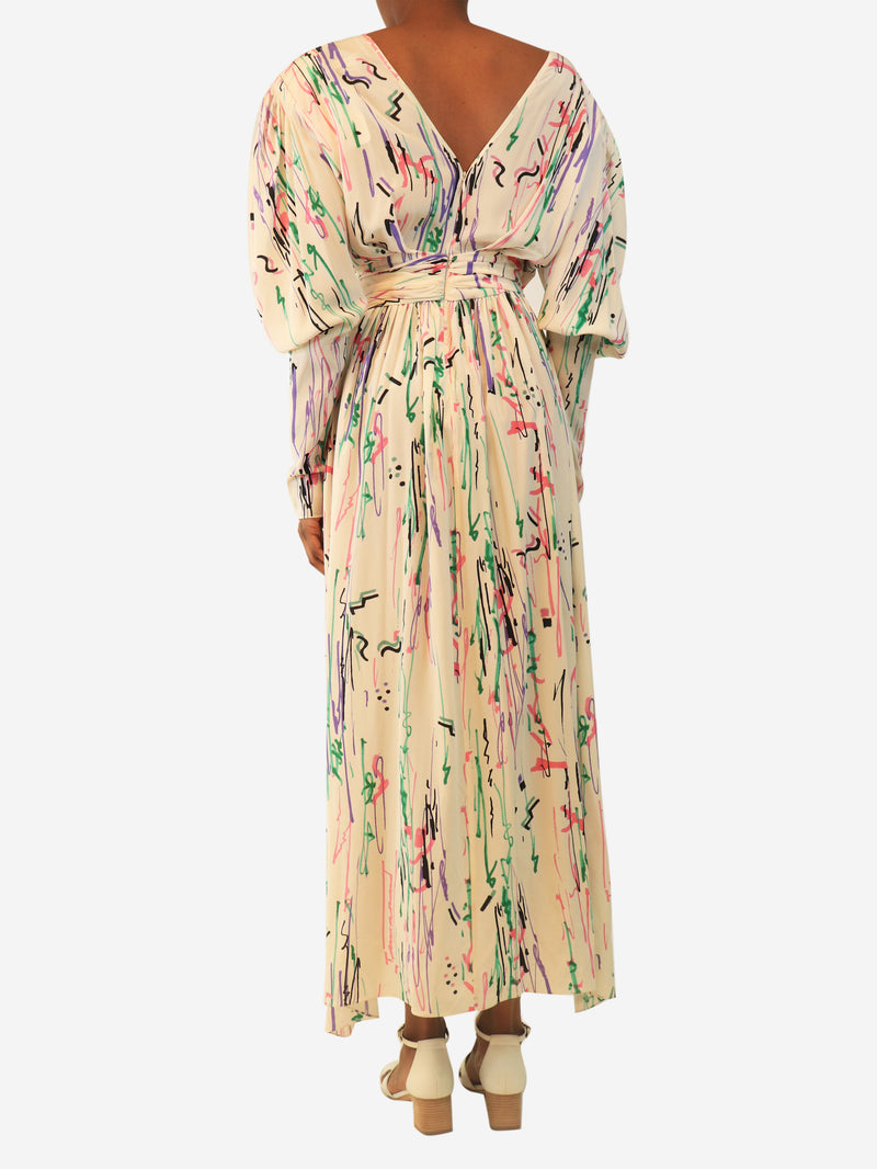 Cream scribble-print midi dress - size UK 6