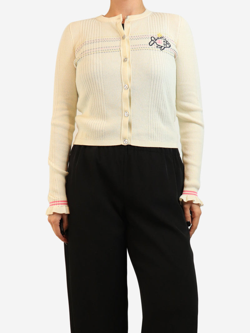 Cream ribbed fish motif cardigan - size UK 10 Knitwear Chanel 
