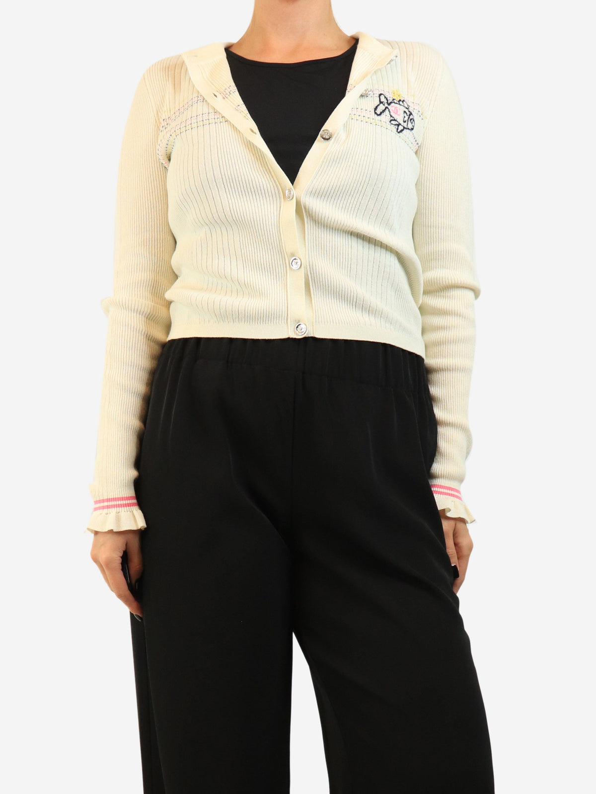 Cream ribbed fish motif cardigan - size UK 10 Knitwear Chanel 