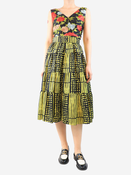 Yellow and black tiered midi dress - size UK 10 product image